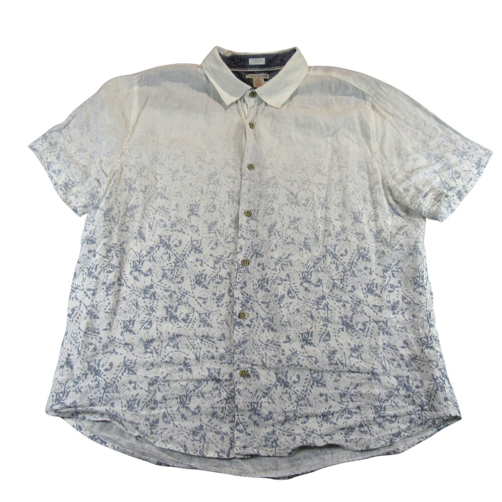 Carbon 2 Cobalt Mens Shirt XL White Floral 100% Linen Pocket Short Sleeve Button